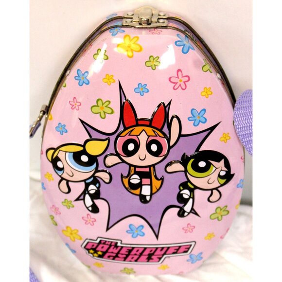 2002 Powerpuff Girls Metal Container Strap Egg Shape Purse Bag Easter Trinket - Picture 2 of 9
